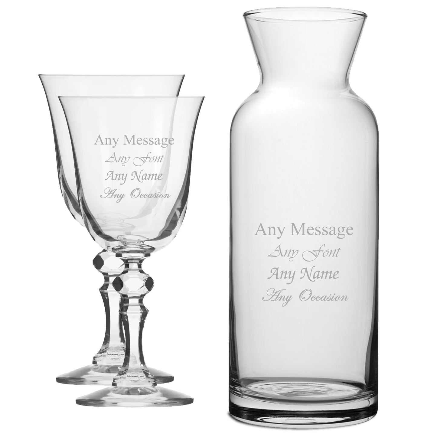 Personalised Engraved Set of 2 Crystal Jasmine Wine Glass and Village Carafe Set Image 1