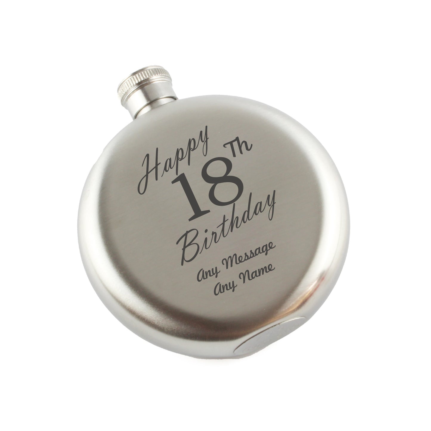 Engraved 5oz Round Steel Hip Flask Happy 18th Birthday Image 1