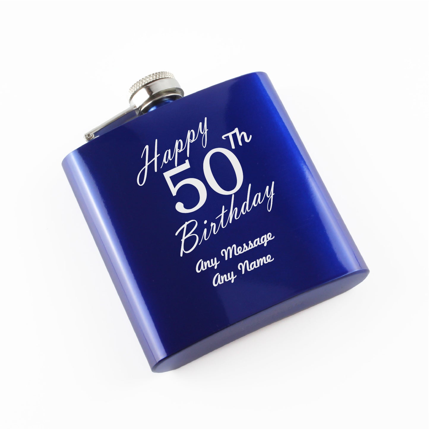 Engraved 6oz Blue Steel Hip Flask Happy 50th Birthday Image 1