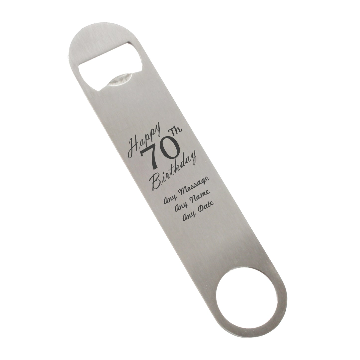 Engraved Large Steel Bar Blade Bottle Opener Happy 70th Birthday Image 1