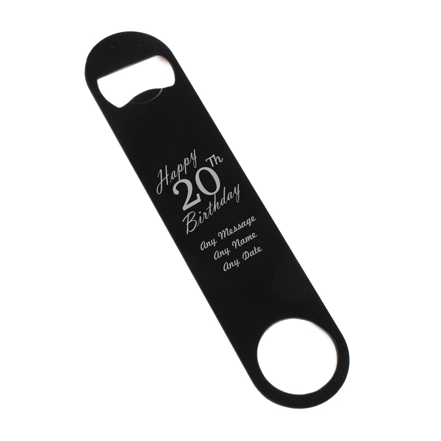 Engraved Large Black Steel Bar Blade Bottle Opener Happy 20th Birthday Image 1