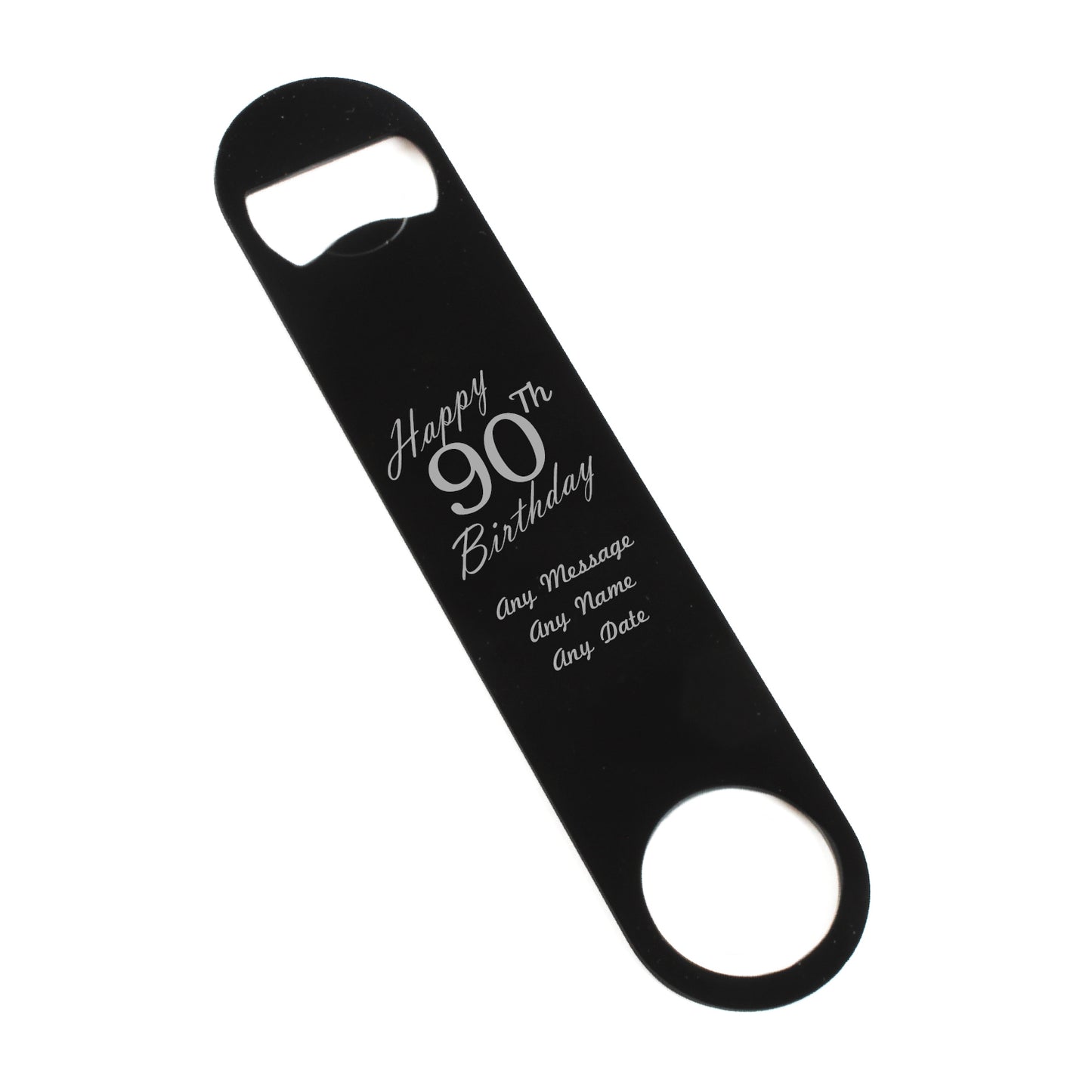 Engraved Large Black Steel Bar Blade Bottle Opener Happy 90th Birthday Image 1