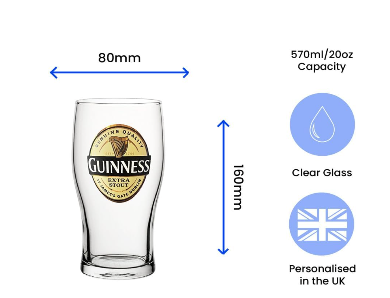 Official Extra Stout Guinness Pint Glass, Engraved with Any Message, Gift Boxed