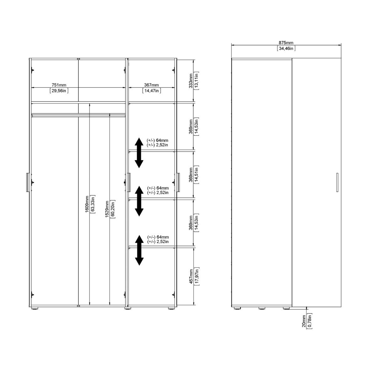 Pepe Wardrobe with 3 Doors in Oak with White High Gloss