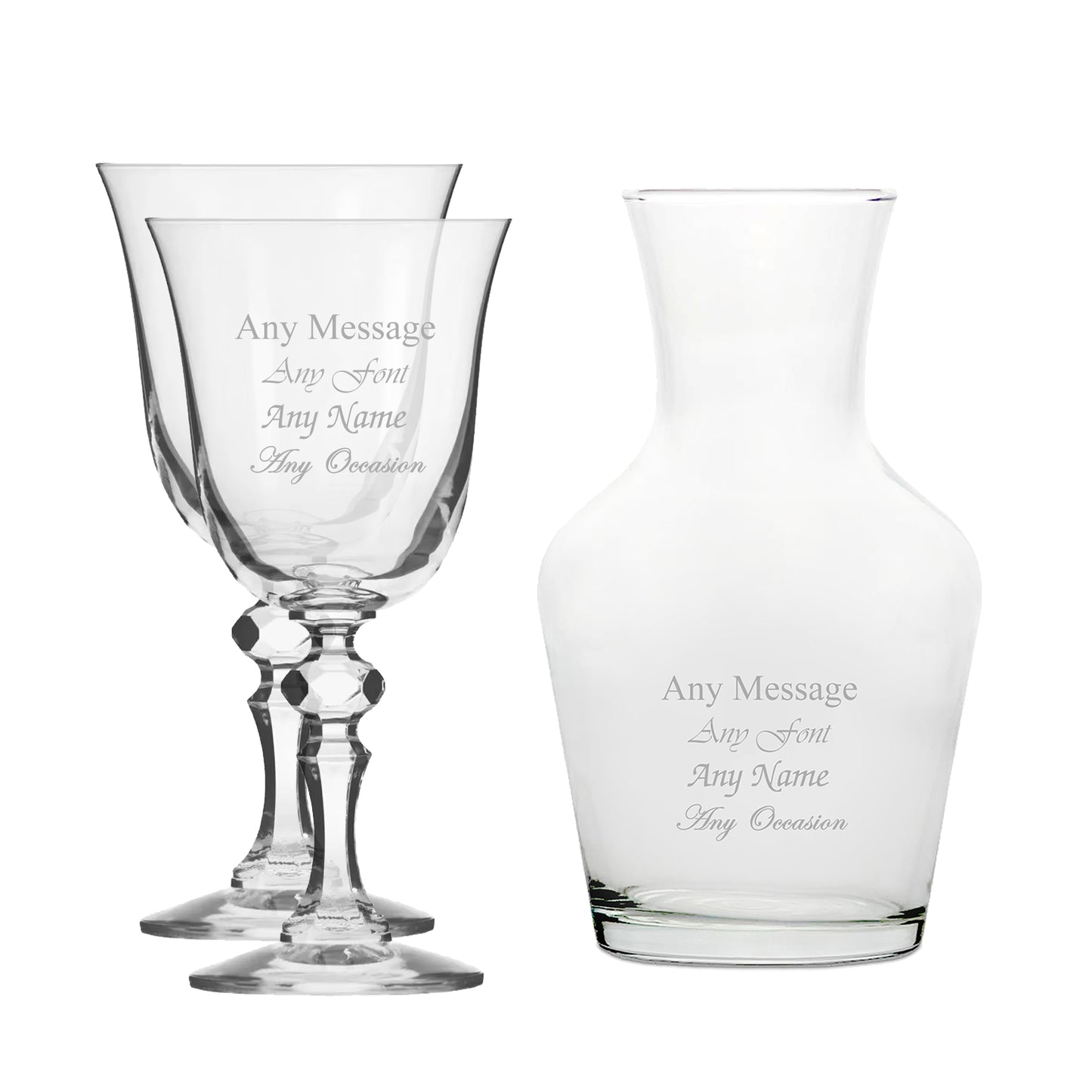 Personalised Engraved Set of 2 Crystal Jasmine Wine Glass and 500ml Vin Carafe Set Image 1