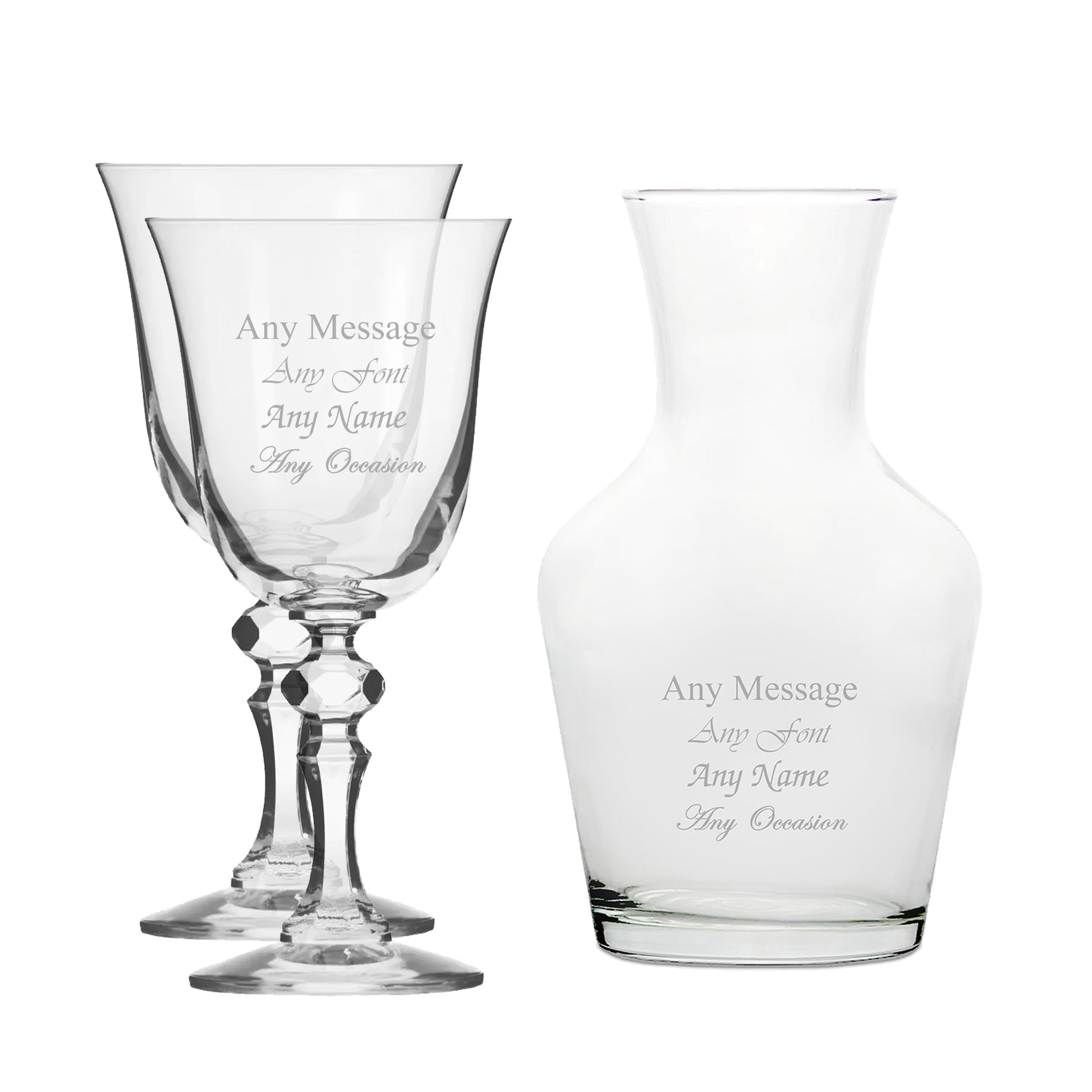 Personalised Engraved Set of 2 Crystal Jasmine Wine Glass and 500ml Vin Carafe Set Image 1