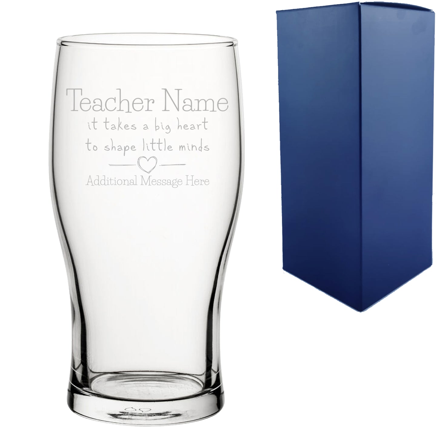 Engraved Teacher Pint Glass with A Big Heart shapes Little Minds Design Image 1