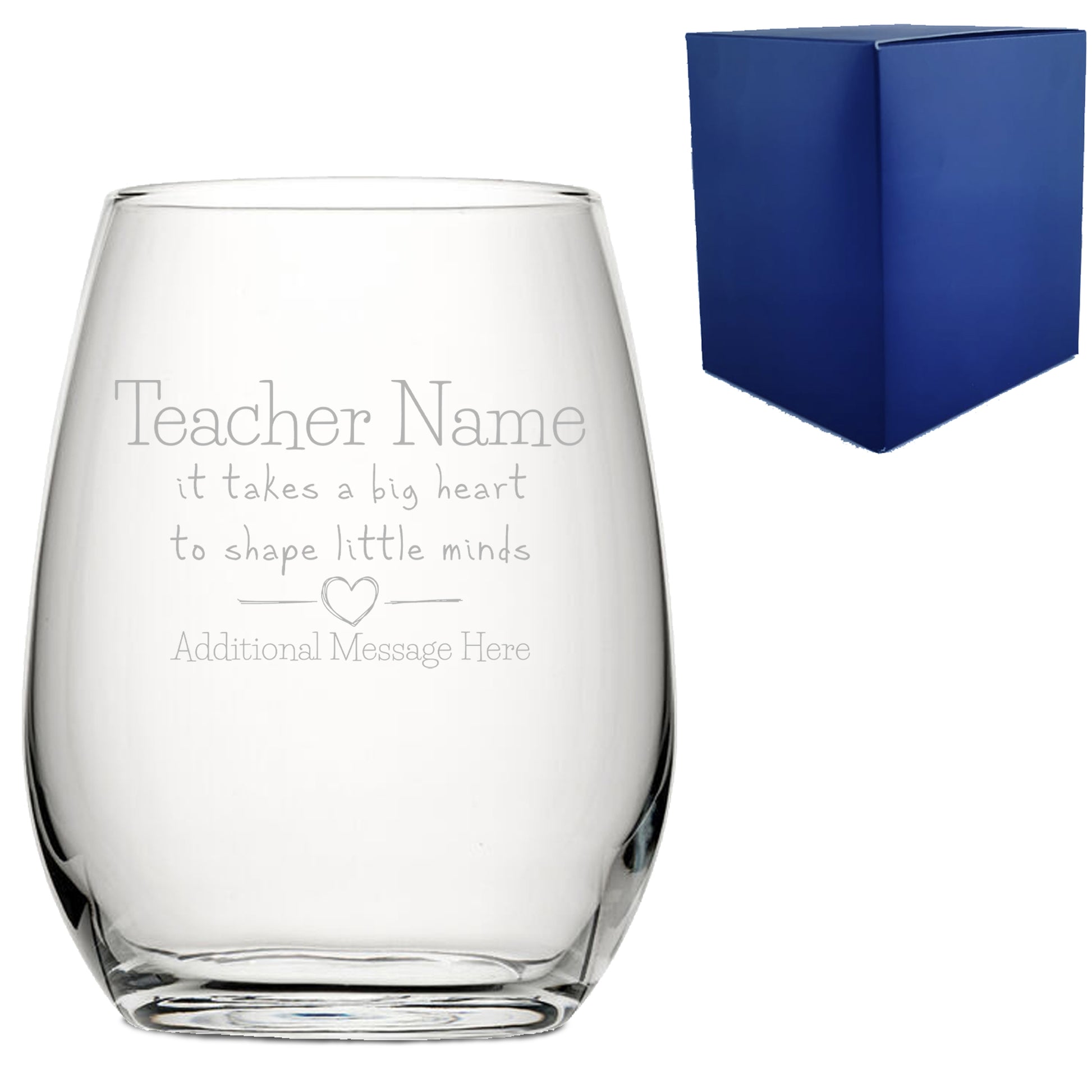 Engraved Teacher Stemless Wine Glass with A Big Heart shapes Little Minds Design Image 1