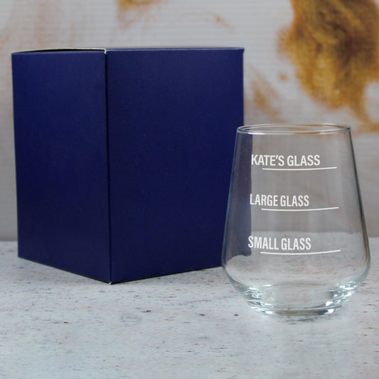 Personalised Engraved Stemless Allegra Wine Glass with Name's Glass Bold Measurements Design, Customise with Any Name Image 3