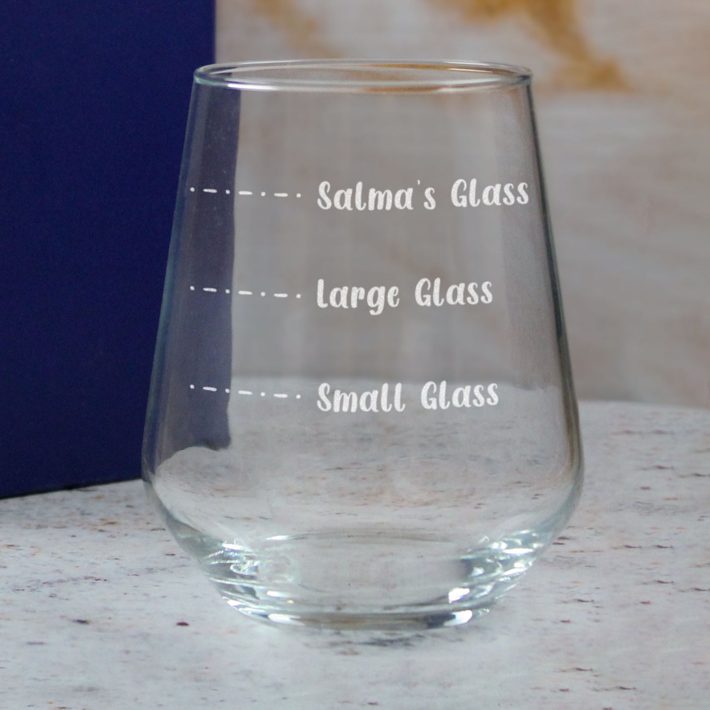 Personalised Engraved Stemless Allegra Wine Glass with Name's Glass Handwritten Measurements Design, Customise with Any Name Image 4