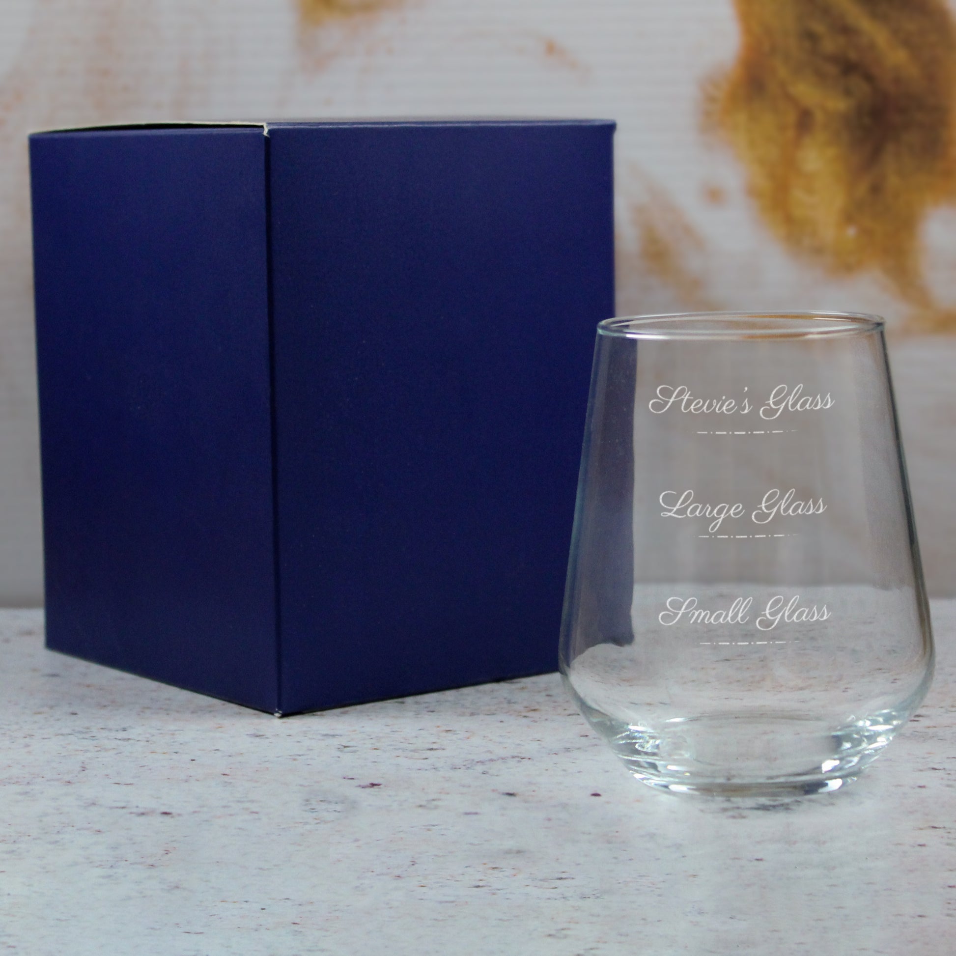 Personalised Engraved Stemless Allegra Wine Glass with Name's Glass Script Measurements Design, Customise with Any Name Image 3