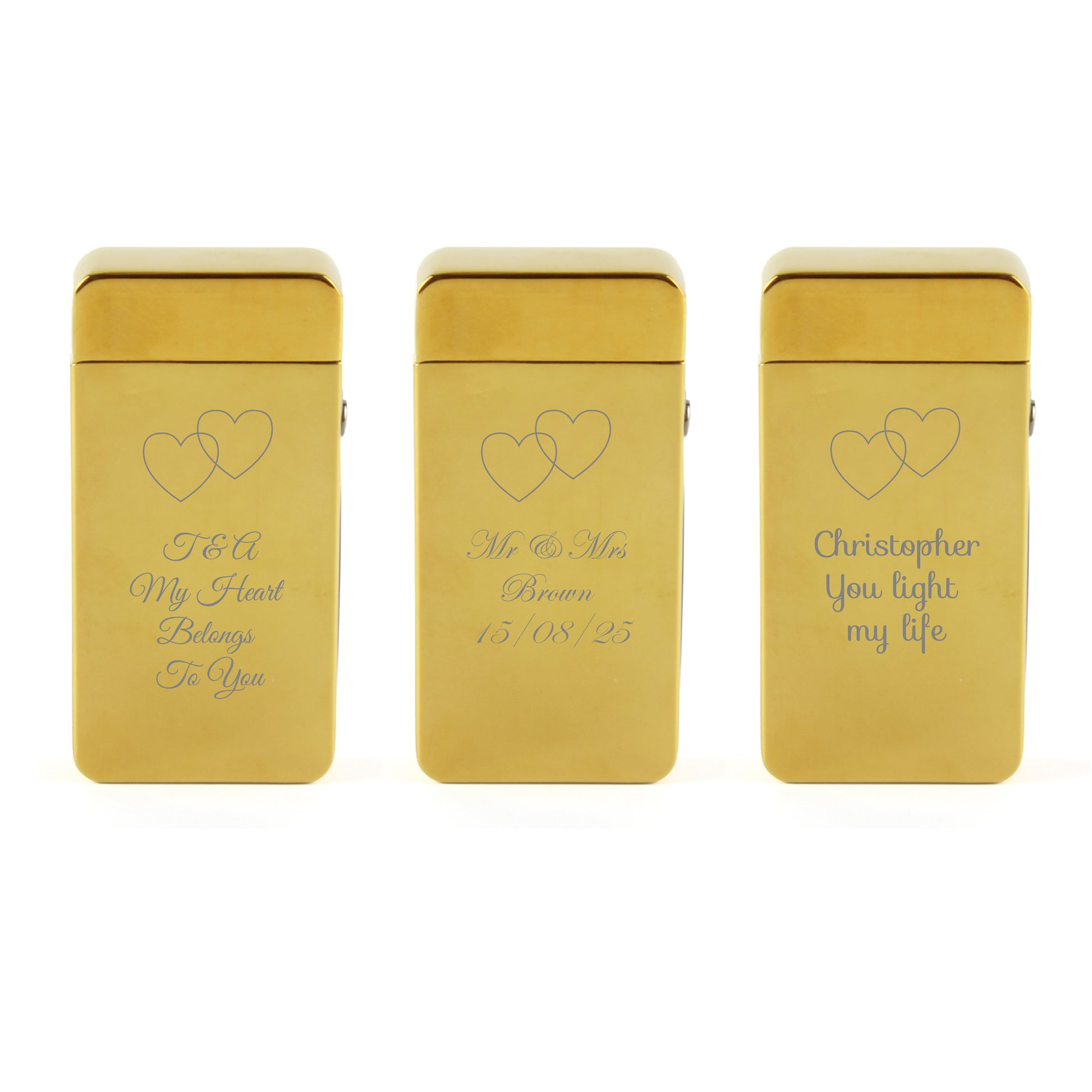 Engraved Electric Arc Lighter, Gold, Overlapping Hearts Image 4