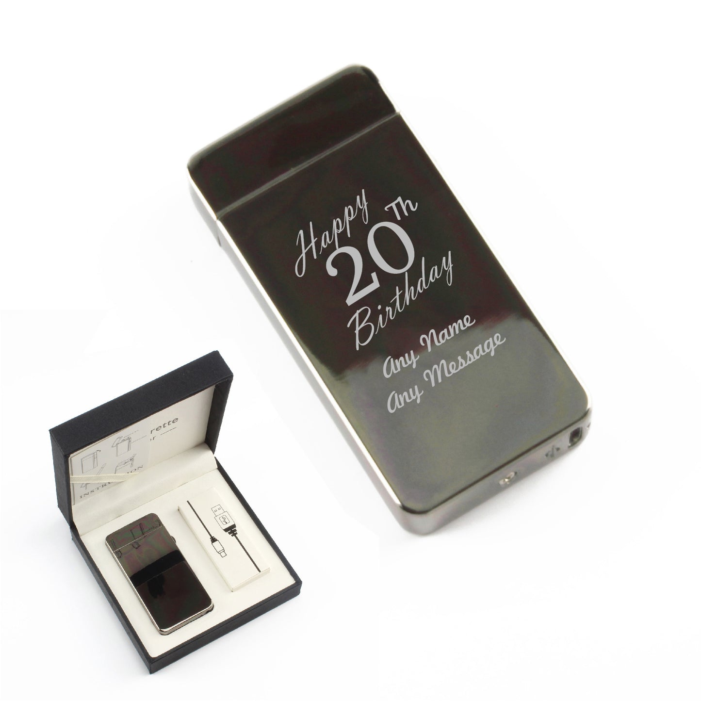 Engraved Electric Arc Lighter, Black, Happy 20th Birthday, Gift Boxed Image 1