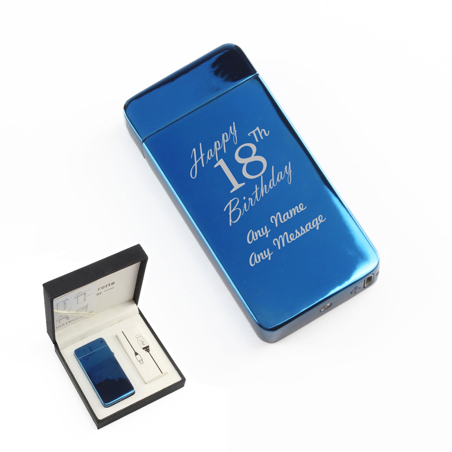Engraved Electric Arc Lighter, Blue, Happy 18th Birthday, Gift Boxed Image 1