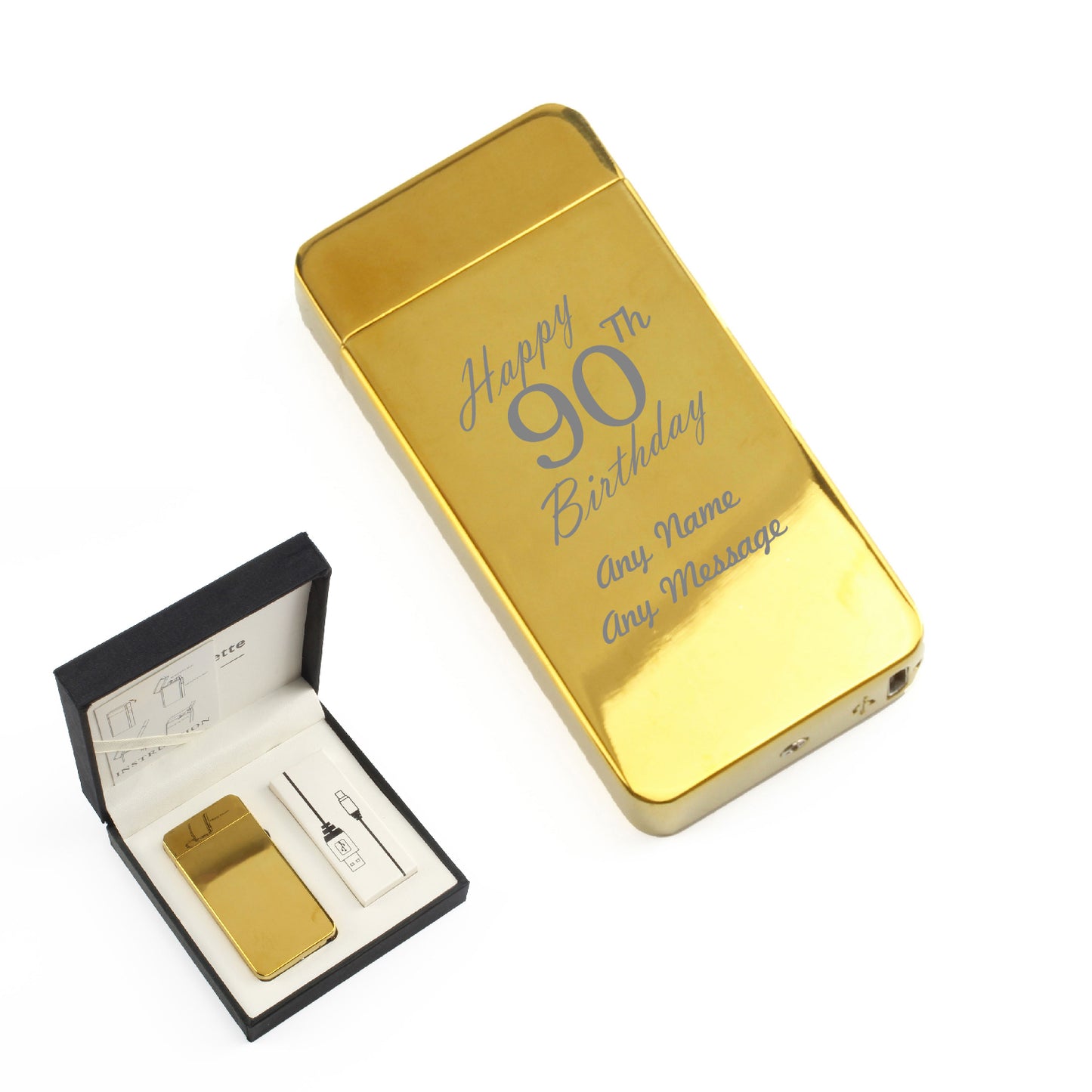 Engraved Electric Arc Lighter, Gold, Happy 90th Birthday, Gift Boxed Image 1