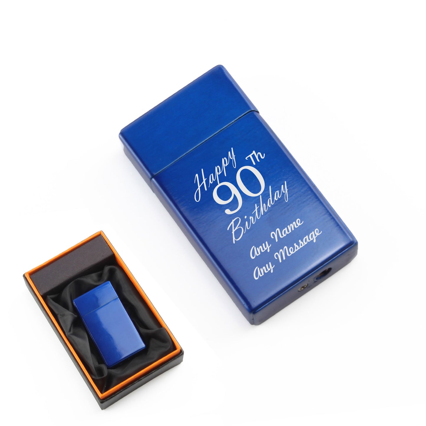 Engraved Jet Gas Lighter Blue Happy 90th Birthday Gift Boxed Image 1