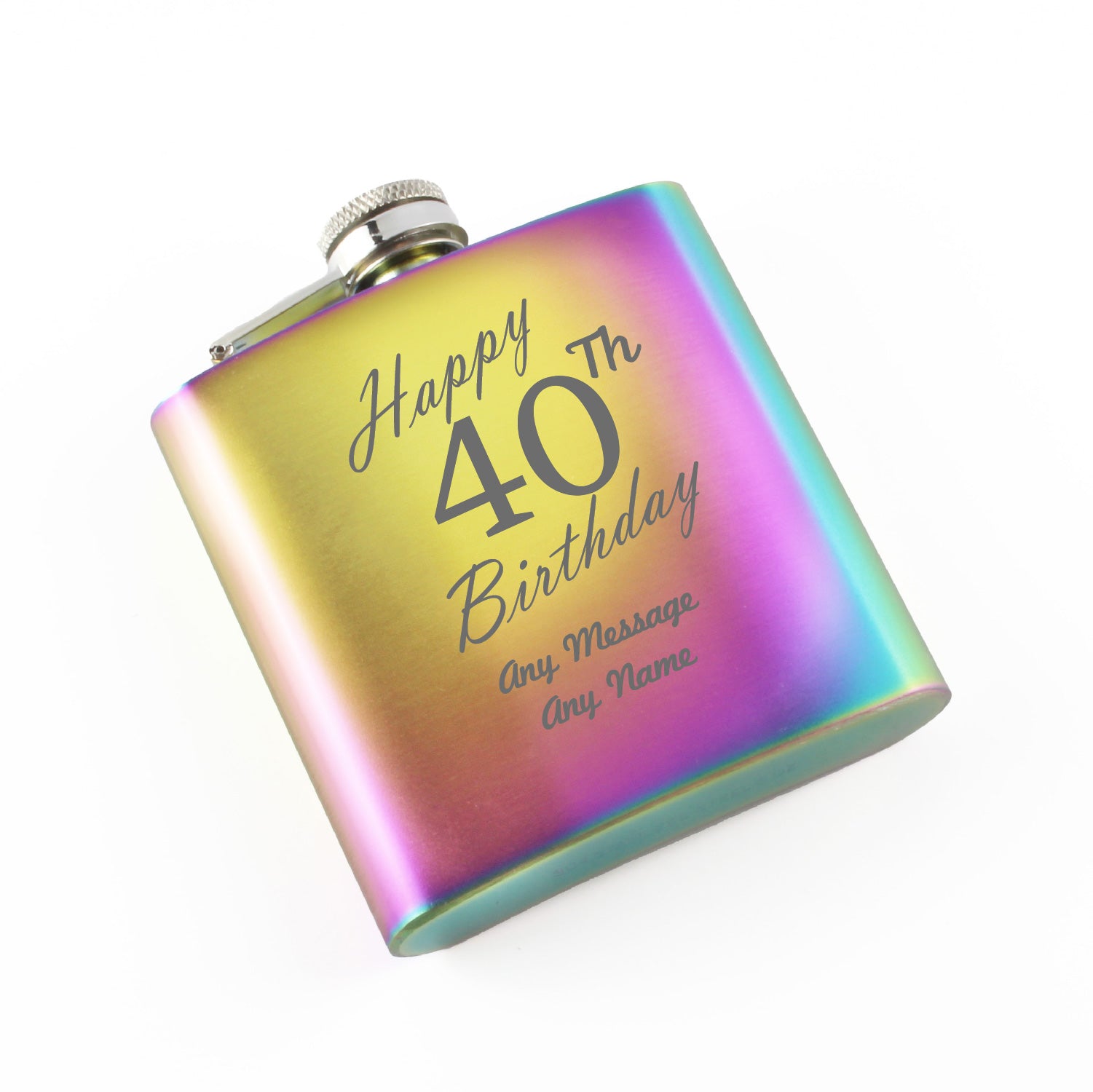 Engraved 6oz Rainbow Steel Hip Flask Happy 40th Birthday Image 1