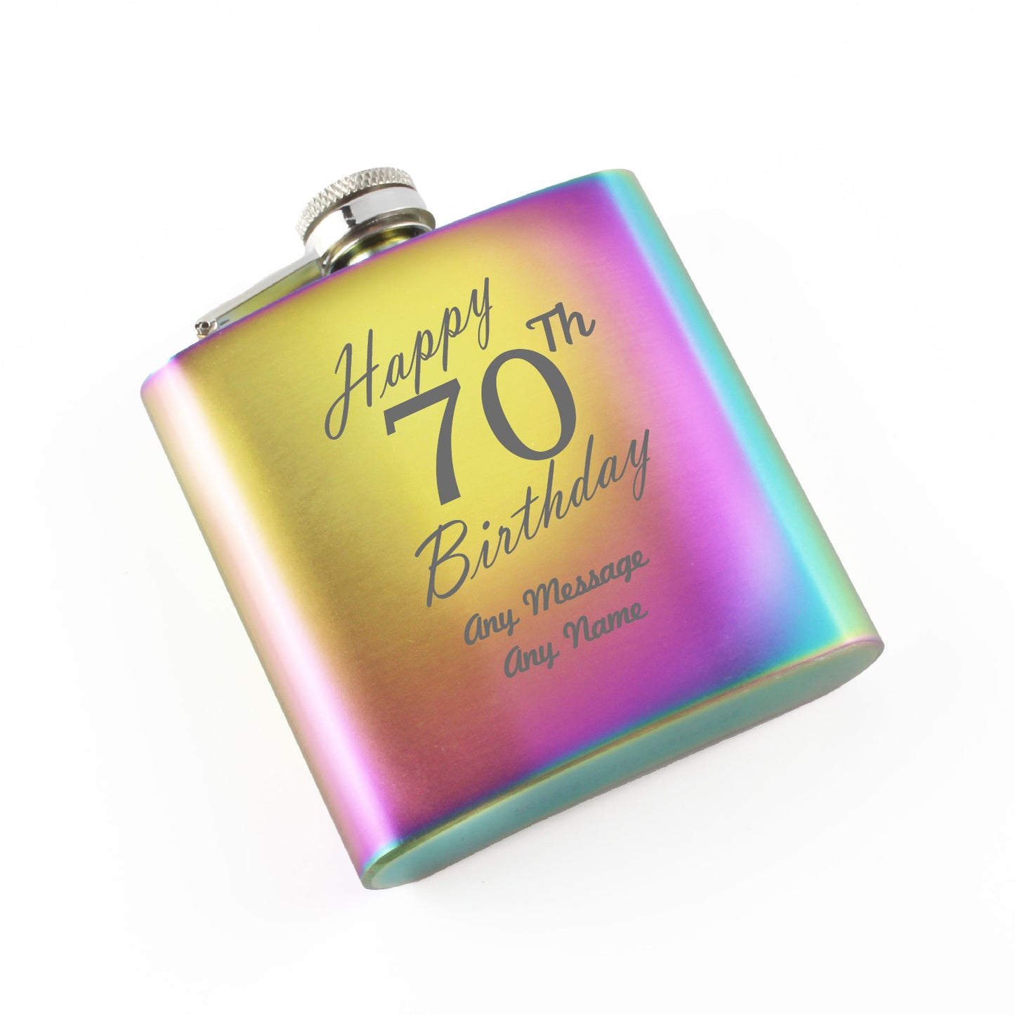 Engraved 6oz Rainbow Steel Hip Flask Happy 70th Birthday Image 1