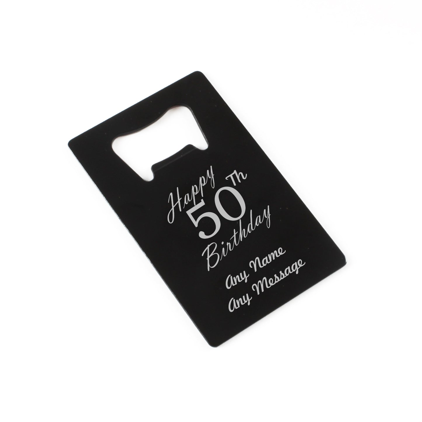 Engraved Portable Wallet Card Bottle Opener Black Happy 50th Birthday Image 1