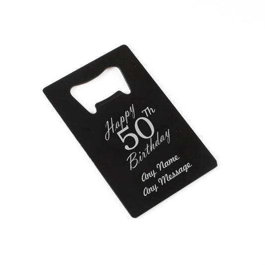 Engraved Portable Wallet Card Bottle Opener Black Happy 50th Birthday Image 1