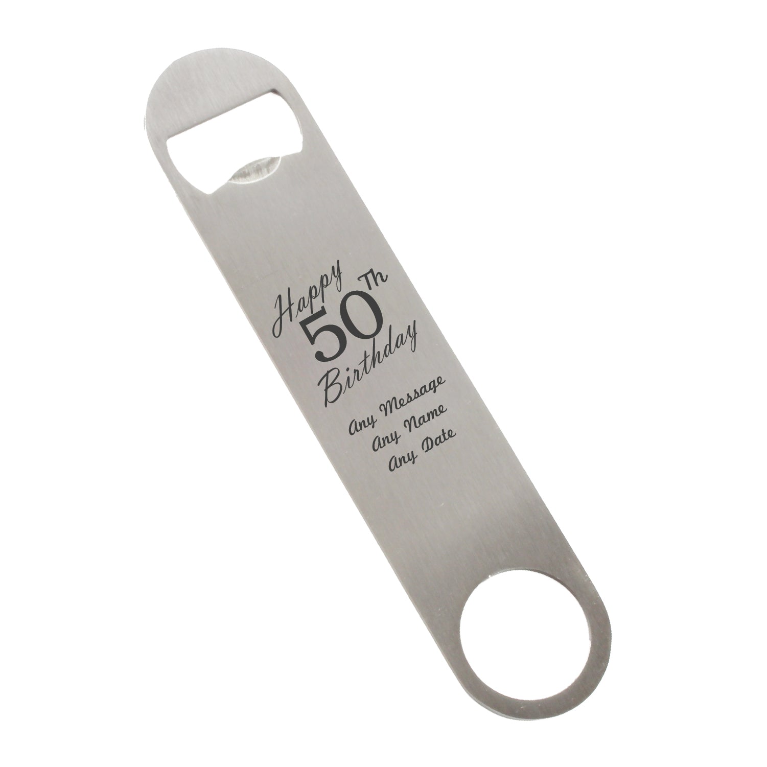Engraved Large Steel Bar Blade Bottle Opener Happy 50th Birthday Image 1