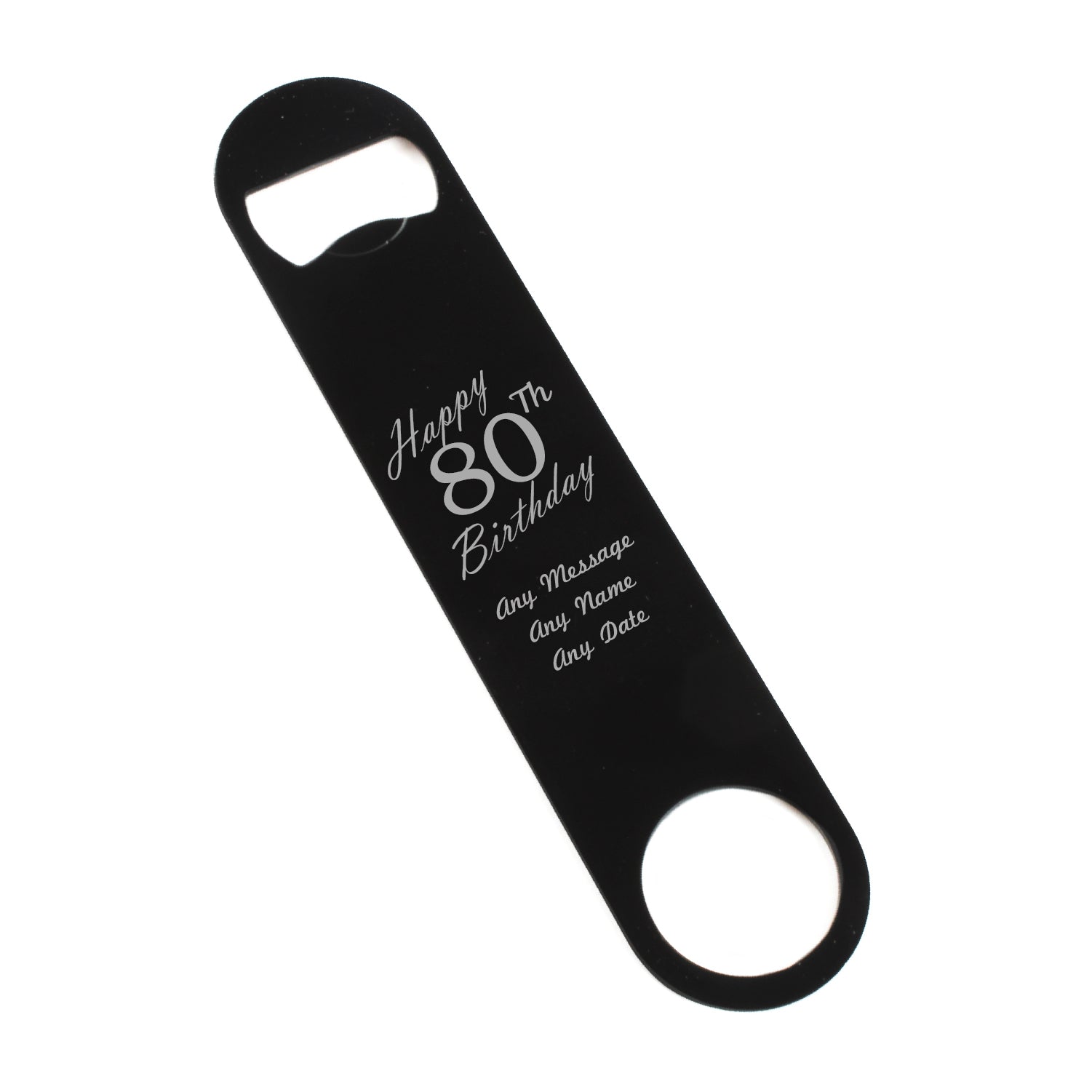 Engraved Large Black Steel Bar Blade Bottle Opener Happy 80th Birthday Image 1