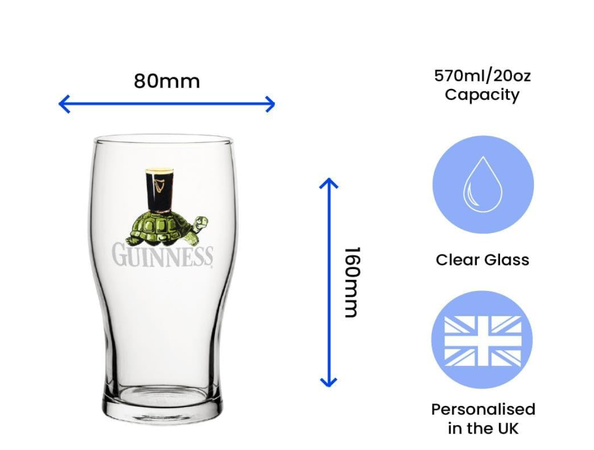 Official Tortoise Guinness Pint Glass, Engraved with Any Message, Gift Boxed