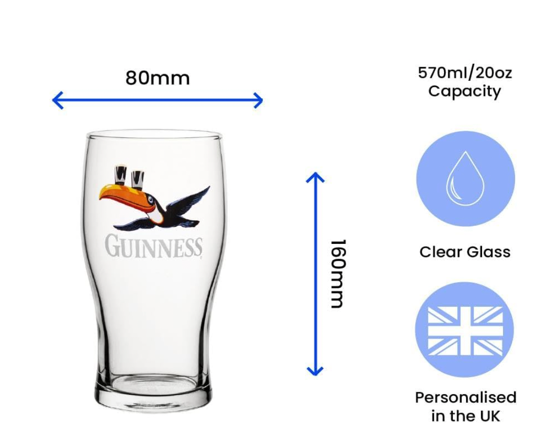 Official Toucan Guinness Pint Glass, Engraved with Any Message, Gift Boxed