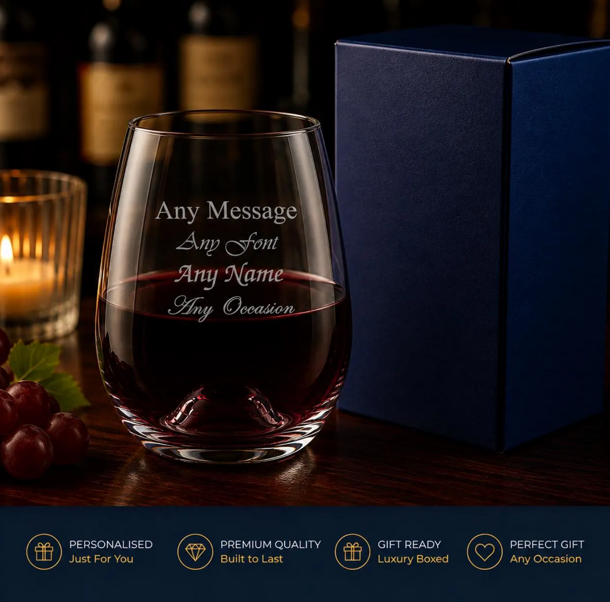 Personalised Engraved Stemless Wine Solutions Bordeaux Glass 15oz, Gift Boxed, Birthday Christmas Wedding Gift