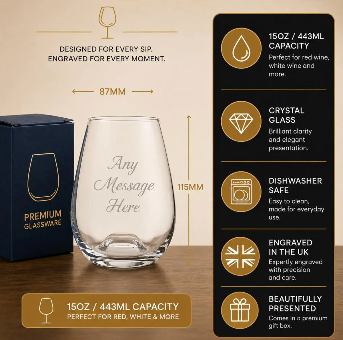Personalised Engraved Stemless Wine Solutions Bordeaux Glass 15oz, Gift Boxed, Birthday Christmas Wedding Gift