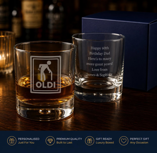 Engraved Whisky Glass with Oldi Design, Add a Personalised Message to the Reverse