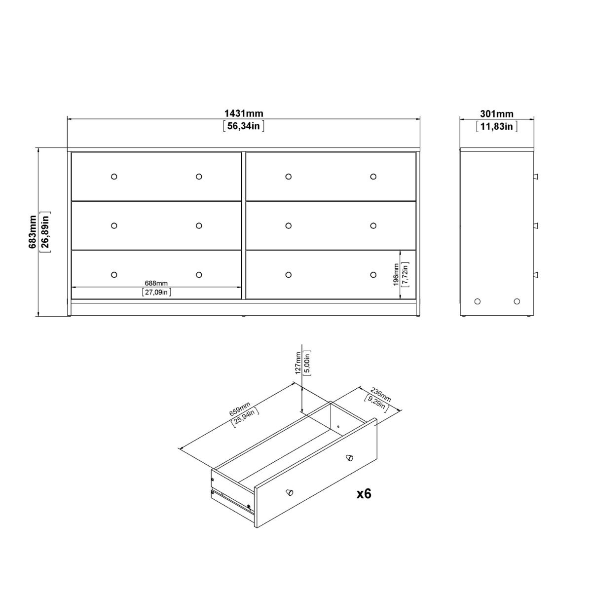 Modern Wooden Chest Of 6 (3+3) Drawers