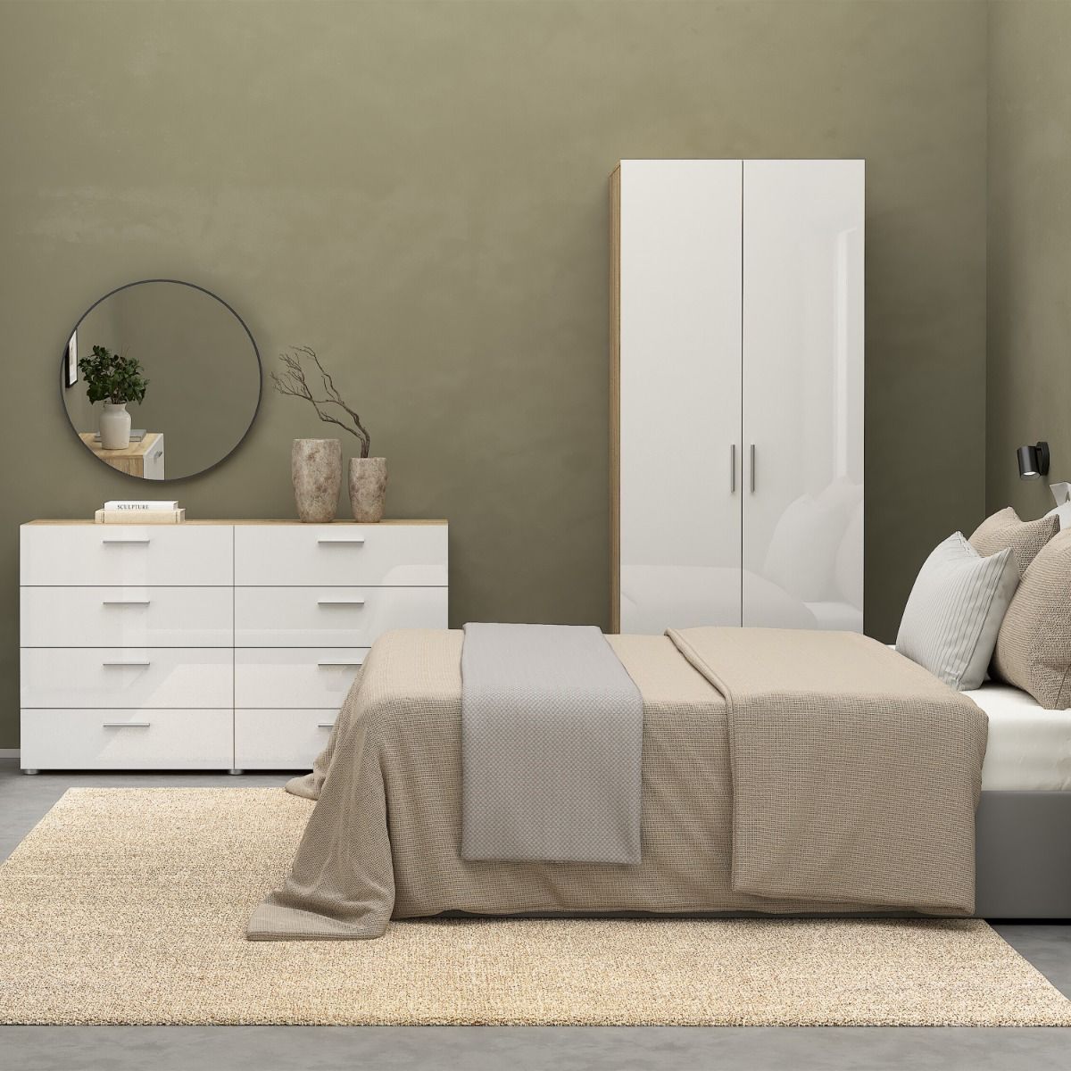 Pepe Wardrobe with 2 doors in Oak with White High Gloss